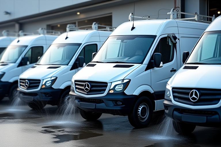 Line of company vans being washed